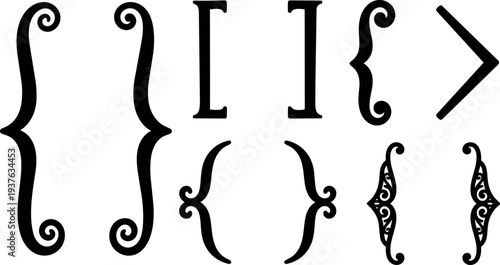 Vintage ornamental vector set of decorative curly brackets and flourishes close up black silhouette flat view front center isolated collection