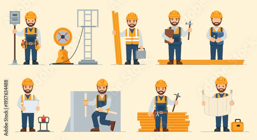 Construction worker set with various tools and actions.