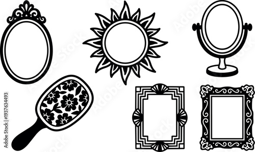Vintage ornamental vector line art set of six decorative hand mirrors and frames close up flat black isolated simple silhouettes
