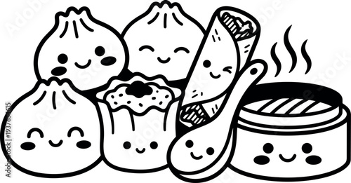 Cute kawaii line art vector dim sum characters smiling close up bao dumpling siu mai spring roll spoon happy steam