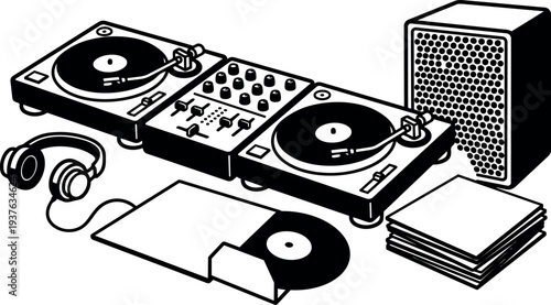 Vector line art dj turntables and mixer with headphones vinyl records speaker isometric view bold graphic design black white illustration