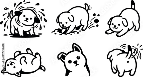 Line art playful puppy icons set six poses shaking digging rolling head tilt wagging tail cute simple black and white