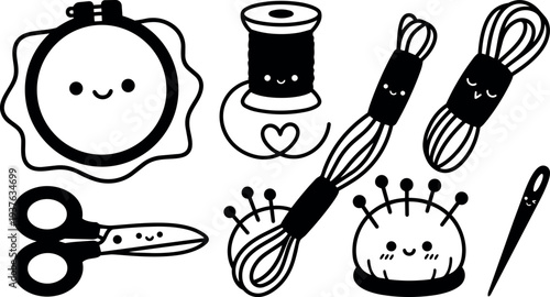 Kawaii line art sewing tools with smiling embroidery hoop spool thread scissors pincushion and needle closeup black white minimal cute