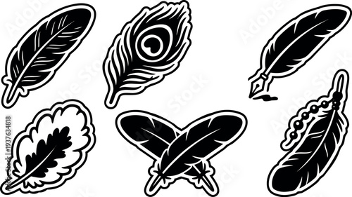 Vector sticker style close up stylized feather icons black ink bold outline isolated on white background peacock quill crossed pen