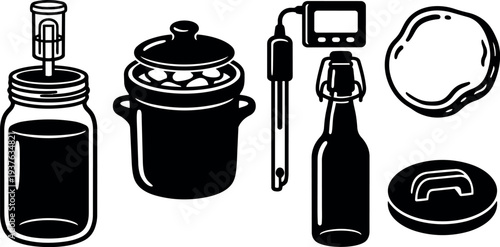 Flat design line art close up fermentation kit jar with airlock thermometer flip top bottle dough ball and pot lid
