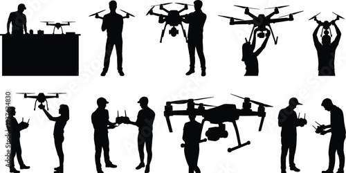 Black Silhouette Collection of People Operating Professional Drones, Pilots with Remote Controls and Quadcopters, Vector Flat Illustration for Modern Technology,