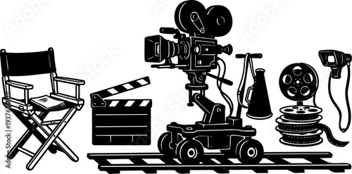Silhouette vector film equipment close up director chair camera on dolly clapperboard reels megaphone angle studio track lighting black white
