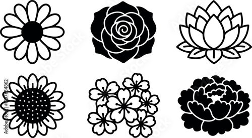 Flat design botanical icon set six floral silhouette icons close up line art vector sheet for logo and stamp mockups