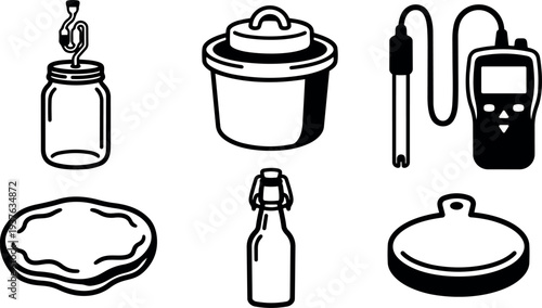 Minimalist line art home fermentation kit icons jar with airlock stock pot ph meter dough bottle lid overhead clean composition
