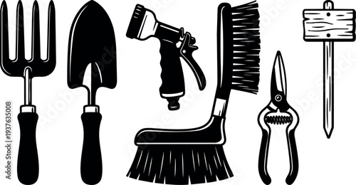 Flat design close up garden tool set silhouettes including fork shovel spray nozzle brush pruners and wooden sign on white