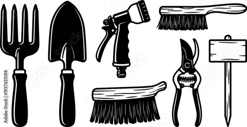 Line art close up set of garden tools showing fork trowel pruners brush hose nozzle wooden stake label black white
