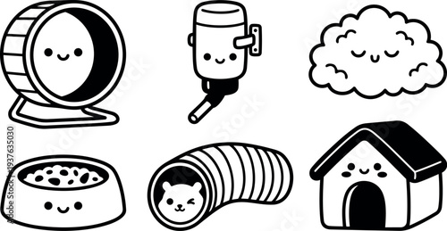 Flat kawaii line art set of hamster accessories icons close up smiling wheel food bowl tunnel water bottle house cloud