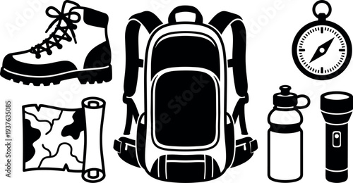 Flat design hiking gear icon set backpack boot map compass water bottle flashlight simple silhouette on white background front view