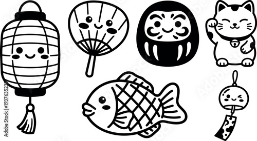 Cute kawaii line art japanese lucky charms set with lantern fan daruma maneki neko taiyaki and wind chime flat vector