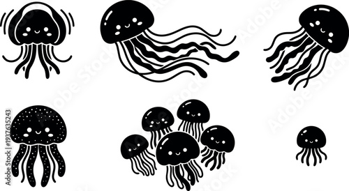 Minimalist kawaii vector jellyfish set with smiling faces varied tentacles group single characters flat black silhouettes cute sea creature icons