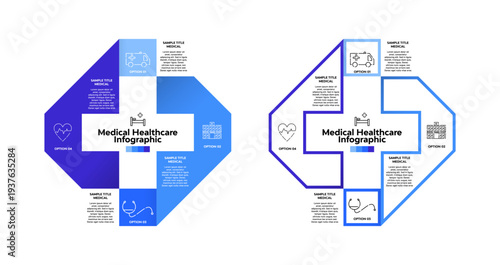 Vector plus infographic set, medical diagram, healthcare graph, hospital presentation, emergency chart. Medicine doctor logo. Concept with 4 options, parts, steps, processes. Vector editable eps