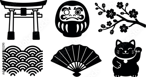 Flat design japanese cultural icon set torii gate daruma blossom wave fan and maneki neko minimal black silhouette vector icons