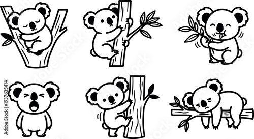 Line art kawaii koala icon set six poses sleeping hugging climbing eating yawning waving peaceful cute vector stickers black outline