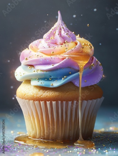 A vanilla cupcake with glowing pastel frosting and a golden drizzle of honey