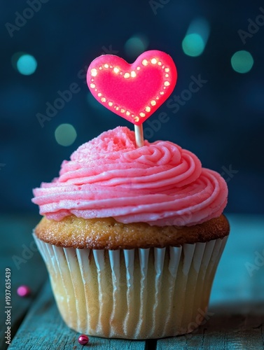 A Valentineâ€™s Day cupcake with glowing pink frosting and a candy heart topper 