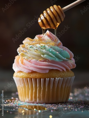 A vanilla cupcake with glowing pastel frosting and a golden drizzle of honey