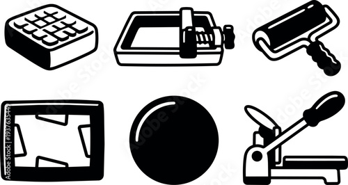 Flat vector line art six black and white printmaking tools icons showing brayer roller baren carving block tabletop press closeup