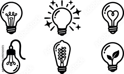 Line art set of six light bulb icons with heart and leaf filaments vintage hanging bulb glowing spark close up