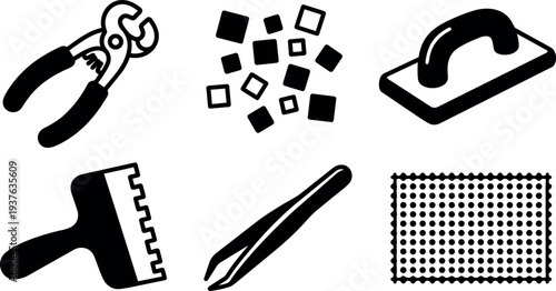 Flat design close up black tile tools icons showing nipper spacers float trowel tweezers arranged on white background top view