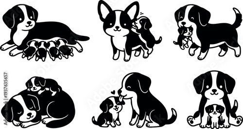 Flat design playful puppy family in six black and white vector scenes showing nursing licking sleeping carrying close up view
