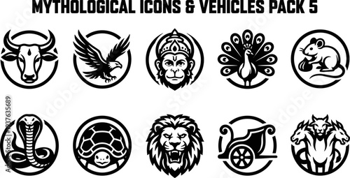 Hindu mythological deity vehicles and animal icons set isolated on white background vector illustration