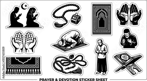 Islamic prayer and devotion sticker sheet with Quran and praying figures black and white vector