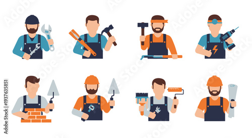 Handyman set of workers with tools.