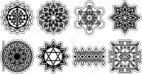 Sacred geometry mandalas and spiritual symbols isolated black and white vector set