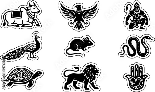 Set of Hindu mythological animal and deity stickers isolated on white background vector illustration