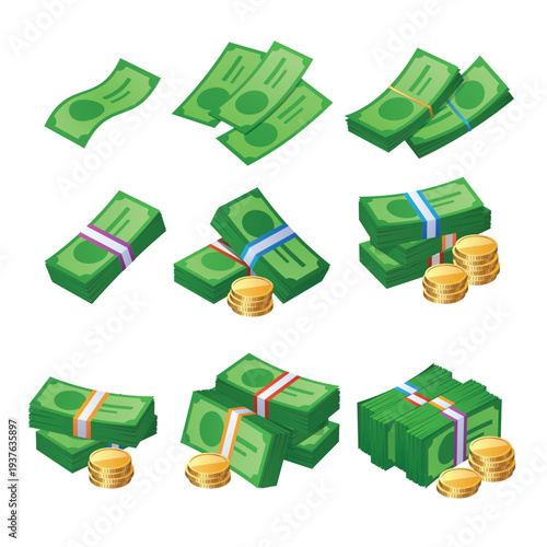 Cash Money Stack Collection – Banknote Bundles and Coins Vector Set