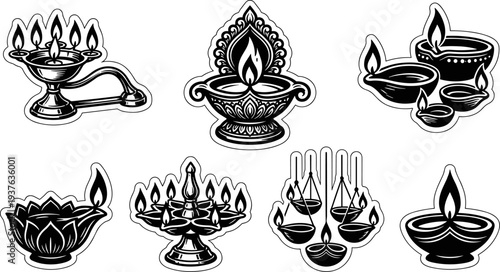 Set of traditional Indian Diwali Diya oil lamp sticker icons black and white vector illustration