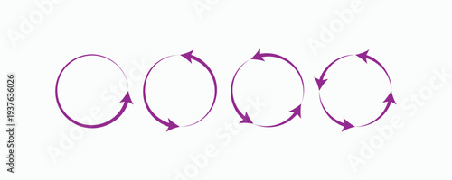 Purple circular arrow icon set representing cycle, rotation, workflow steps, and repeat process in flat vector style