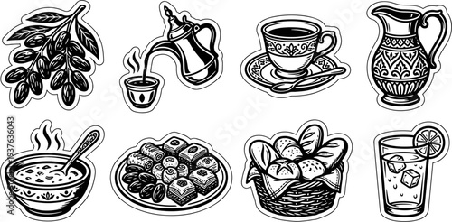 Traditional Arabic food and drink sticker icons for Ramadan vector illustration