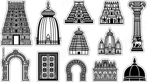Traditional Indian Hindu temple architecture icon set isolated on white background vector