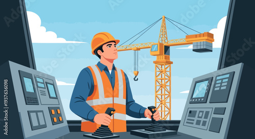 Crane operator controlling heavy machinery in control room.