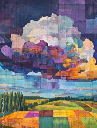 A vibrant plaid storm cloud hovering over a calm countryside
