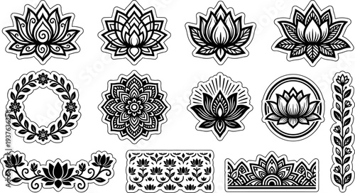 Collection of black lotus flower icons and floral patterns isolated on transparent background vector illustration