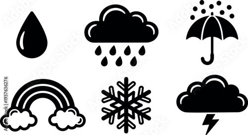 Flat vector weather icons set close up six minimal black symbols showing rain drop cloud umbrella rainbow snowflake thunder storm