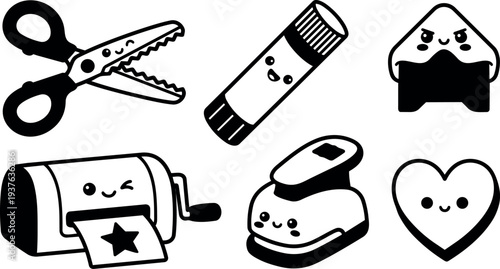 Flat design kawaii stationery icons set with smiling scissors glue stick stapler hole punch printer heart onigiri winking sticker face