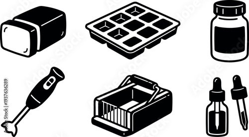 Bold line art vector icon set of kitchen and grooming supplies including butter ice tray immersion blender jar dropper bottles