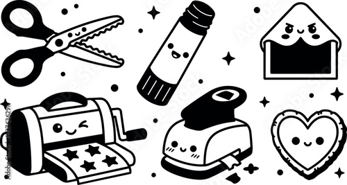 Kawaii flat design craft tools set with smiling scissors glue stick envelope heart cookie hole punch sticker machine paper cute
