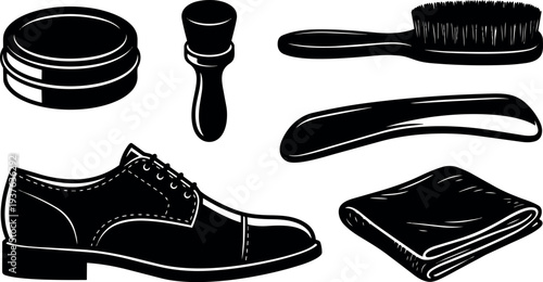 Minimalist vector black silhouette close up leather dress shoe with polishing brush polish tin shoehorn and folded cloth top view