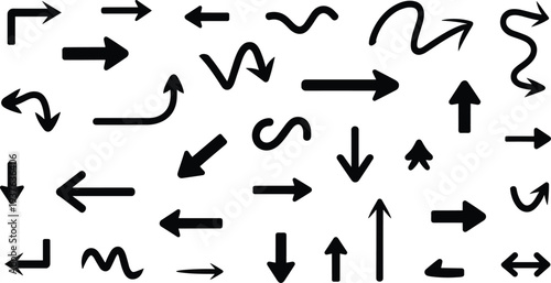 Hand drawn black arrow set with various shapes, curved, straight, wavy, and directional pointers, isolated doodle sketch icons for creative designs.