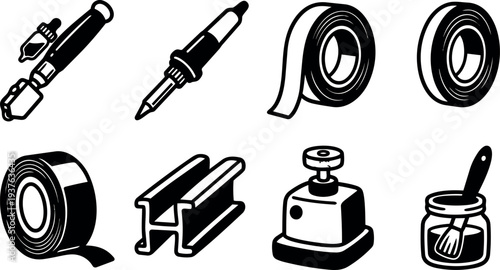 Flat vector icons of black and white repair and craft tools arranged in grid close up with bold line art