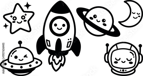 Kawaii line art rocket launching with smiling astronaut helmet and winking ufo surrounded by cute planet star and moon icons